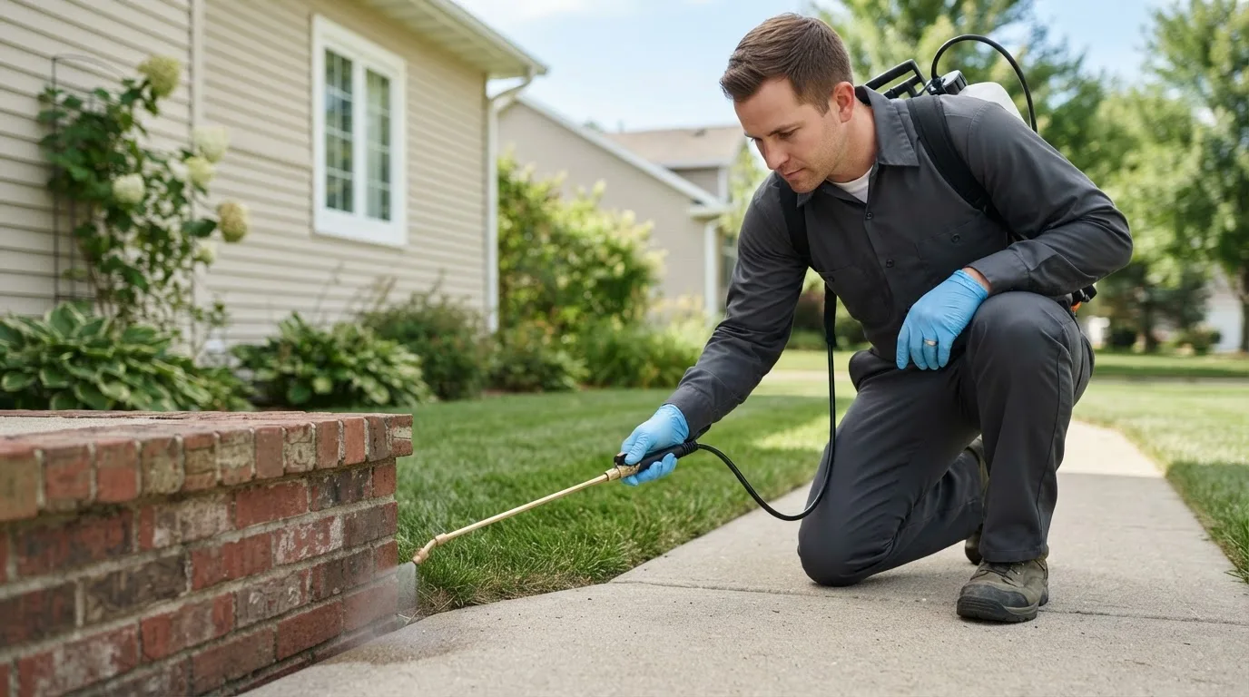 Pest control technician treating a home near West Point, IA