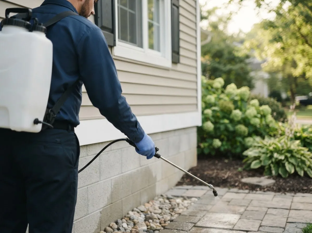 Pest control technician inspecting a home in West Point, IA